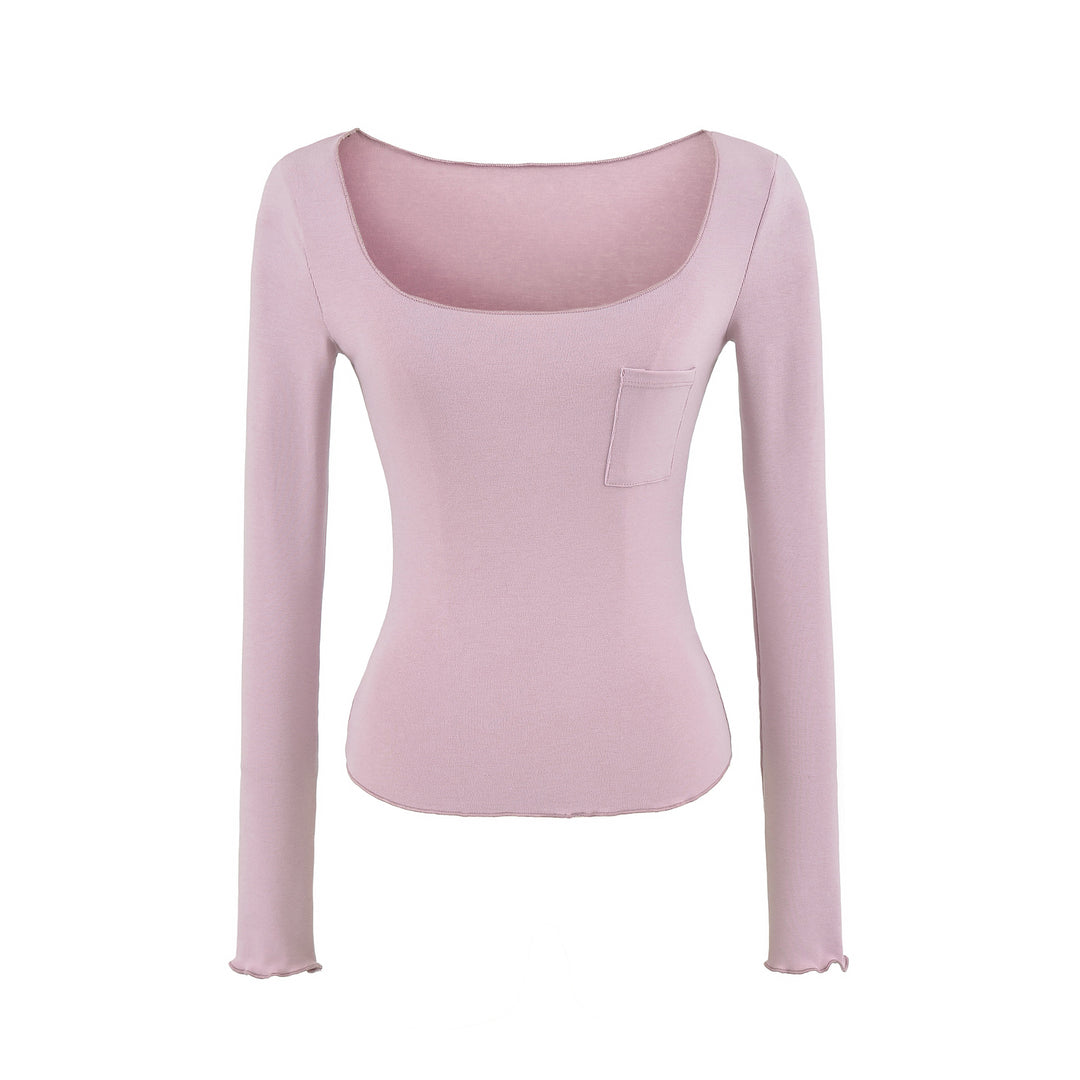 Damen Figurbetontes geripptes Langarmshirt mit weitem Quadrat-Ausschnitt und Brusttasche Shop Nory