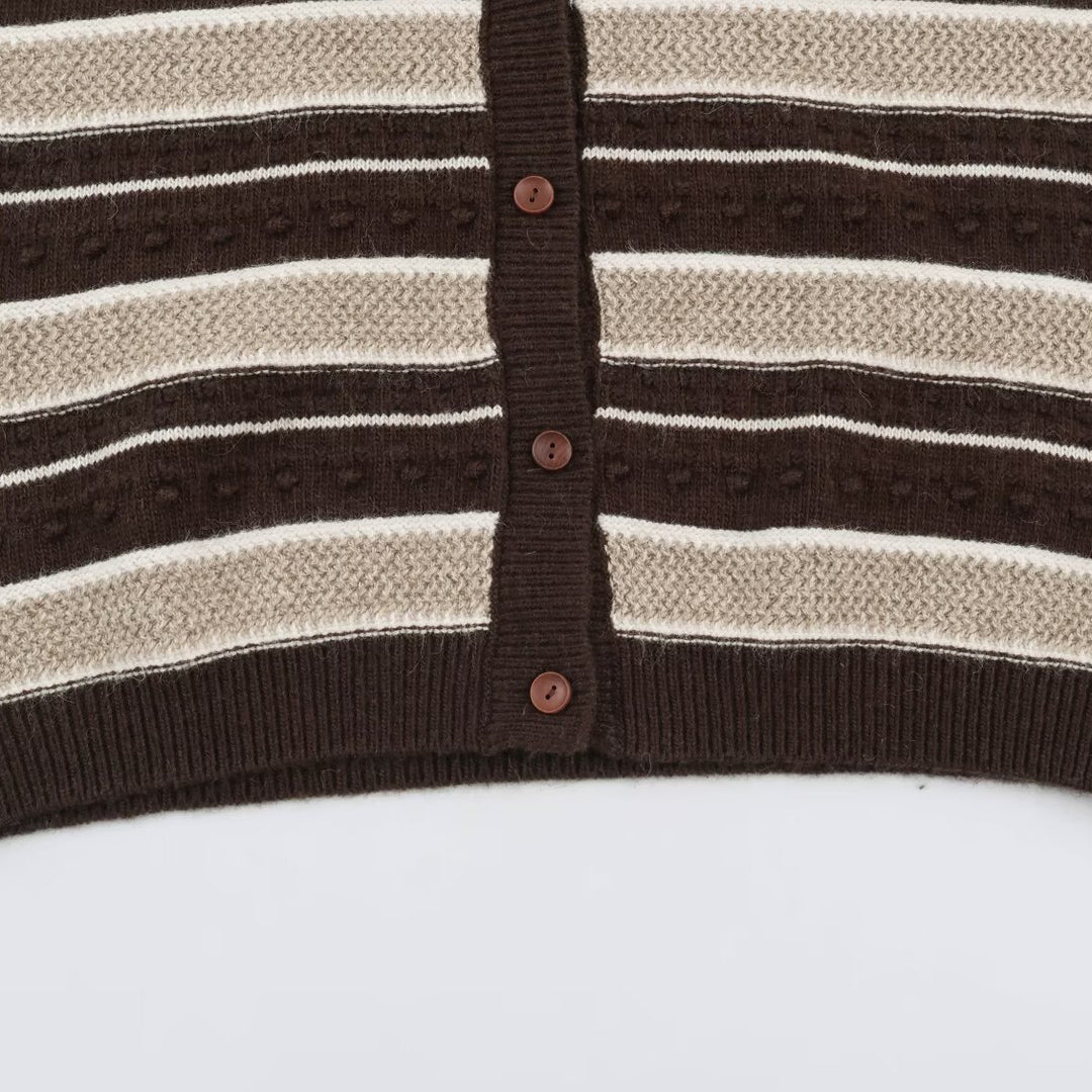 Damen Feingestrickte Weste mit V-Ausschnitt, Strukturstreifen und Knopfleiste Shop Nory