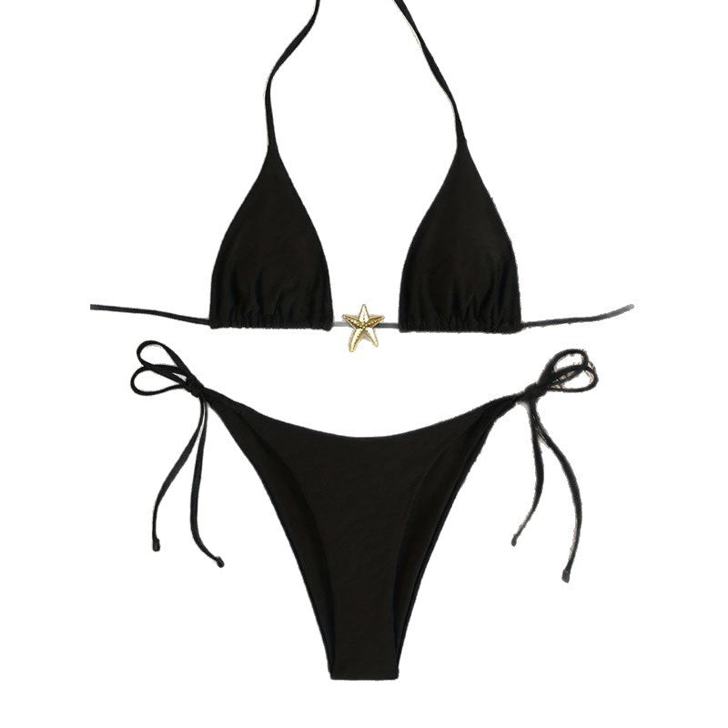 Damen Triangel-Bikini mit goldenen Akzenten und verstellbaren Trägern