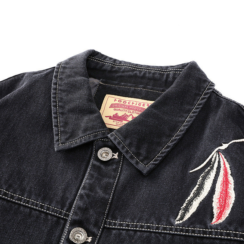 Herren Jeansjacke im Worker‑Stil mit gesticktem Feder‑Motiv und Innensatinfutter Shop Nory