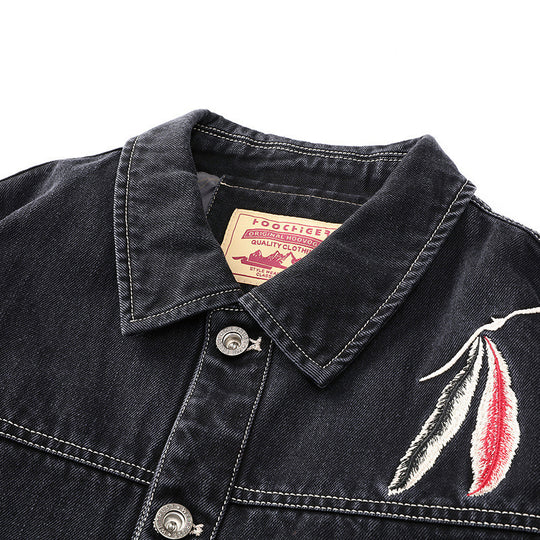 Herren Jeansjacke im Worker‑Stil mit gesticktem Feder‑Motiv und Innensatinfutter Shop Nory