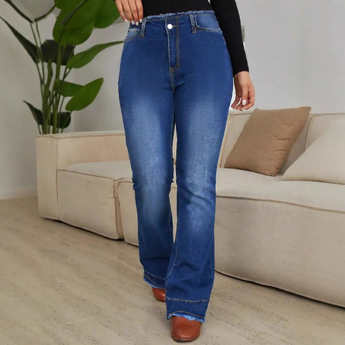 Damen Hochgeschnittene Elastische Jeans mit Bootcut und ausgefranstem Saum Shop Nory
