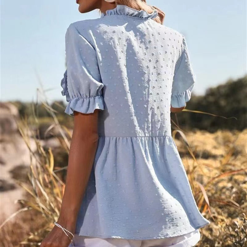 Damen luftige Bluse mit Rüschendetails und V-Ausschnitt