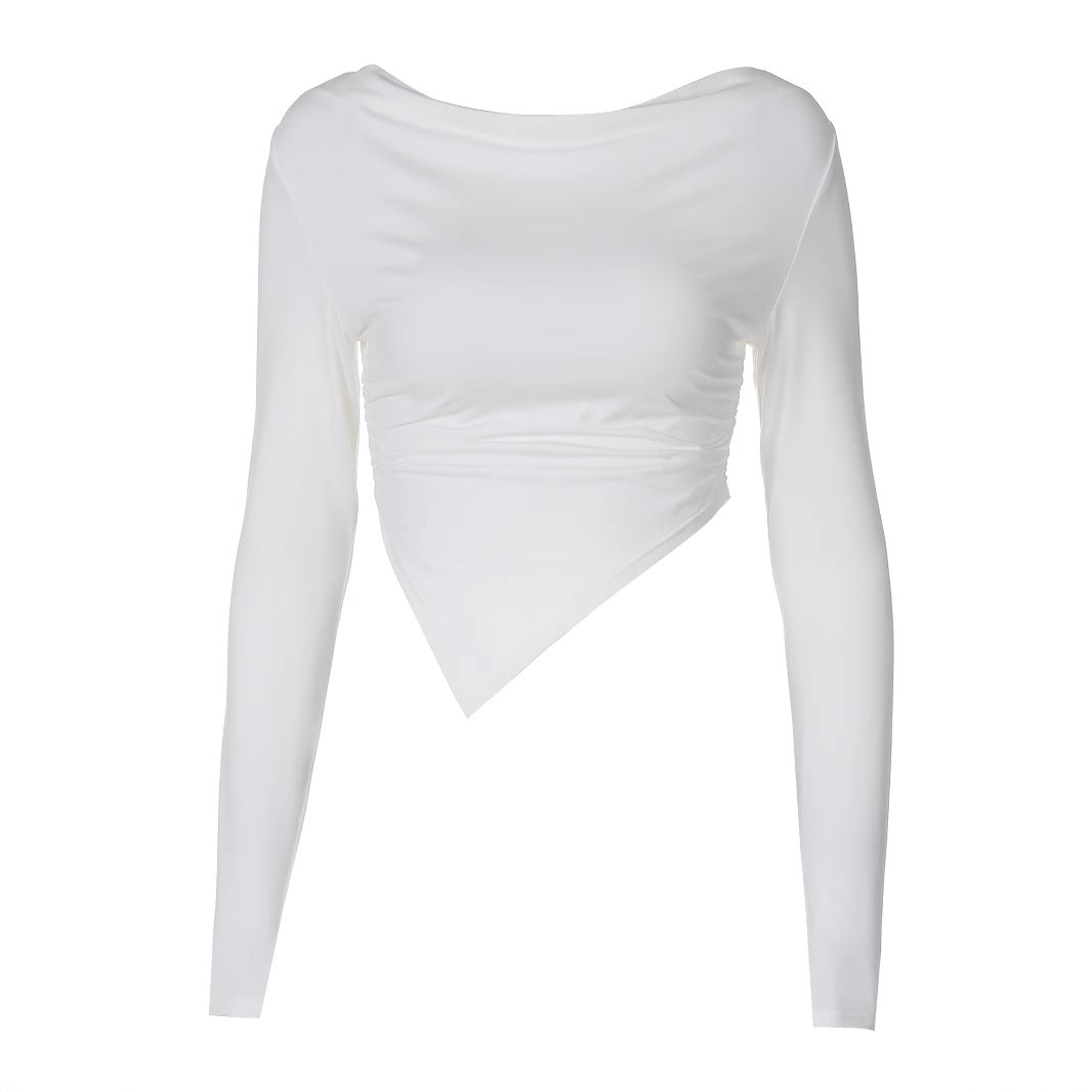 Damen nan asymmetrisches langärmeliges Cropped-Top mit drapiertem Ausschnitt, seitlicher Raffung und spitzem Saum Shop Nory