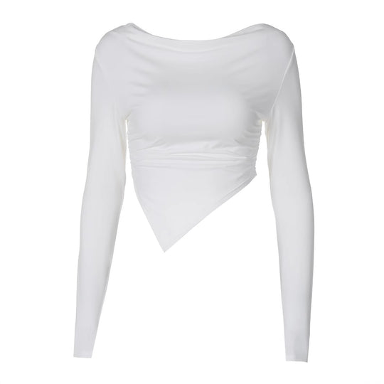 Damen nan asymmetrisches langärmeliges Cropped-Top mit drapiertem Ausschnitt, seitlicher Raffung und spitzem Saum Shop Nory