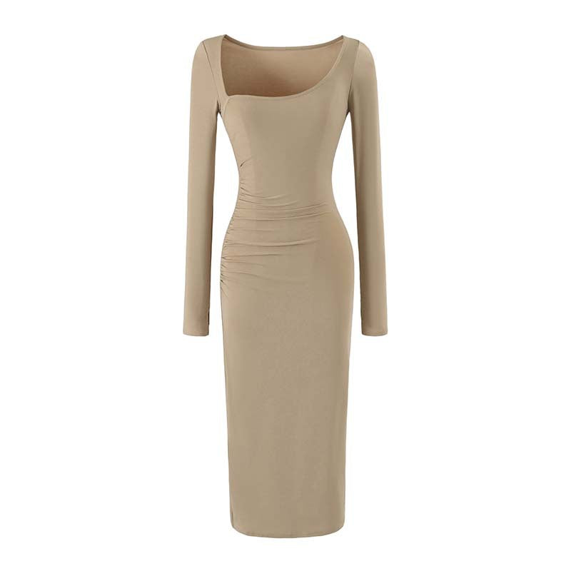 Damen Figurbetontes Midikleid mit tiefem Rundhalsausschnitt, langen Ärmeln und seitlicher Raffung Shop Nory
