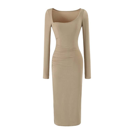 Damen Figurbetontes Midikleid mit tiefem Rundhalsausschnitt, langen Ärmeln und seitlicher Raffung Shop Nory