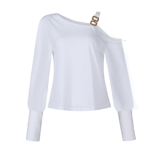 Damen Asymmetrisches Off-Shoulder Shirt mit Ziergurt und Ballonärmeln Shop Nory