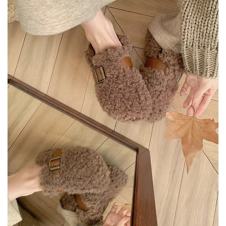Damen Gefütterte Teddy-Flausch Mules mit verstellbarer Metallschnalle und Fersenriemen Shop Nory