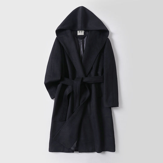 Damen Maxilanger Kapuzenmantel aus Wollmix mit Bindegürtel und weichem Innenfutter Shop Nory