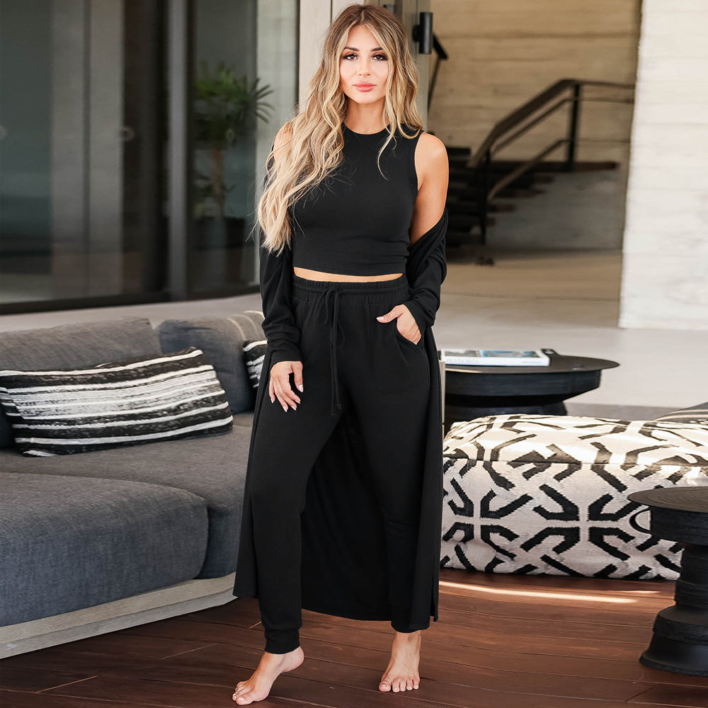 Damen Dreiteiliges Lounge-Set aus weichem Viskosemix mit Longcardigan, Crop-Top und Jogginghose Shop Nory