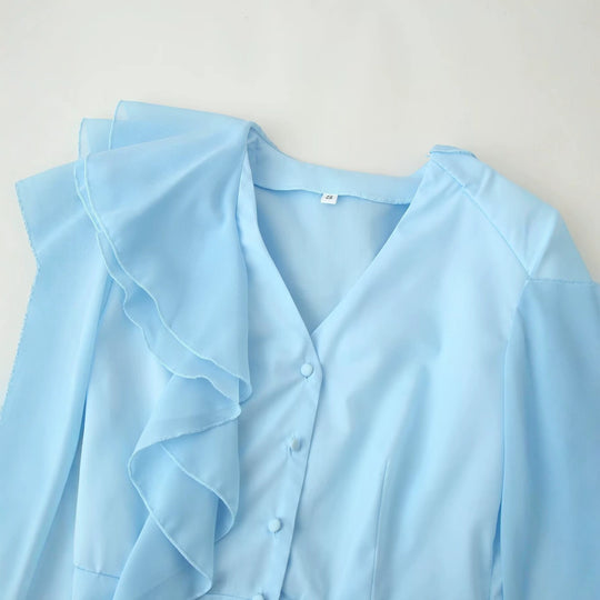 Damen Rüschenbluse mit Stehkragen, Volantdetails und Taillengürtel Shop Nory