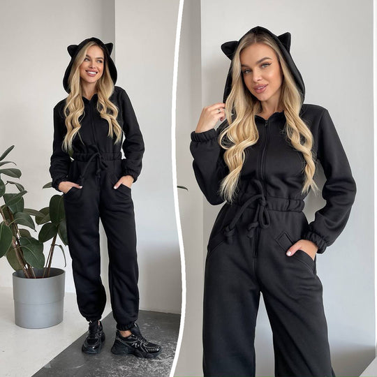 Damen Kuscheliger Kapuzen-Overall mit Katzenohren und Taillenzug Shop Nory
