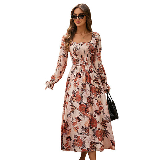 Damen Midikleid mit quadratischem Ausschnitt, smockierter Taille und langen Ballonärmeln Shop Nory