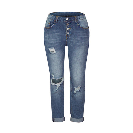 Damen Skinny-Jeans mit hoher Knopfleiste und lässigem Ripped-Used-Look Shop Nory
