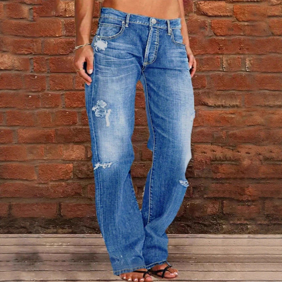 Damen lässige weite Denim‑Hose im Baggy‑Stil mit Used‑Rissen Shop Nory