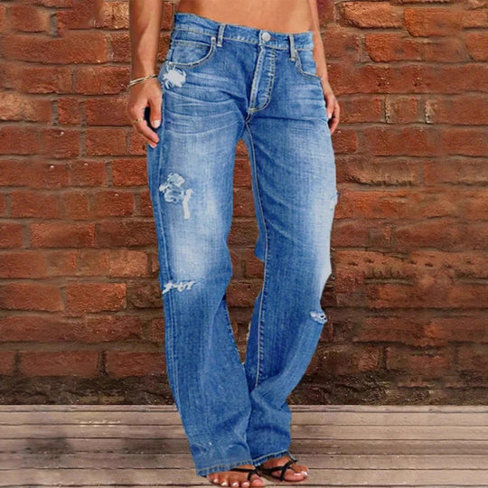 Damen lässige weite Denim‑Hose im Baggy‑Stil mit Used‑Rissen Shop Nory