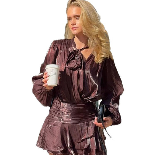 Damen Transparentes Chiffon-Minikleid mit Volumenärmeln, Bindeschleife & Stufenrock Shop Nory