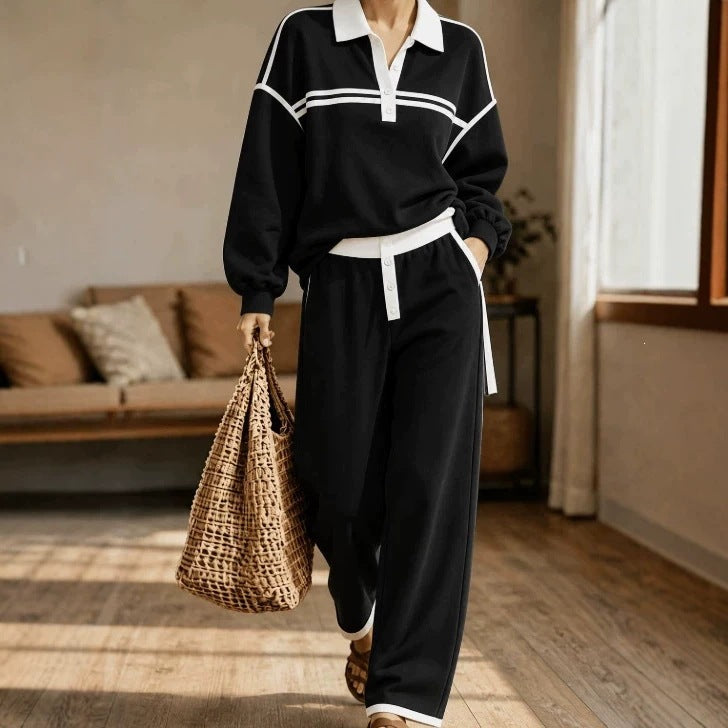 Damen Lounge-Set aus weichem Jersey mit Polokragen, Kontraststreifen und weiter Jogpant Shop Nory