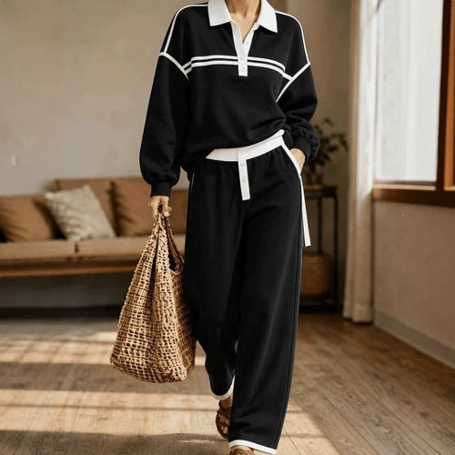 Damen Lounge-Set aus weichem Jersey mit Polokragen, Kontraststreifen und weiter Jogpant Shop Nory