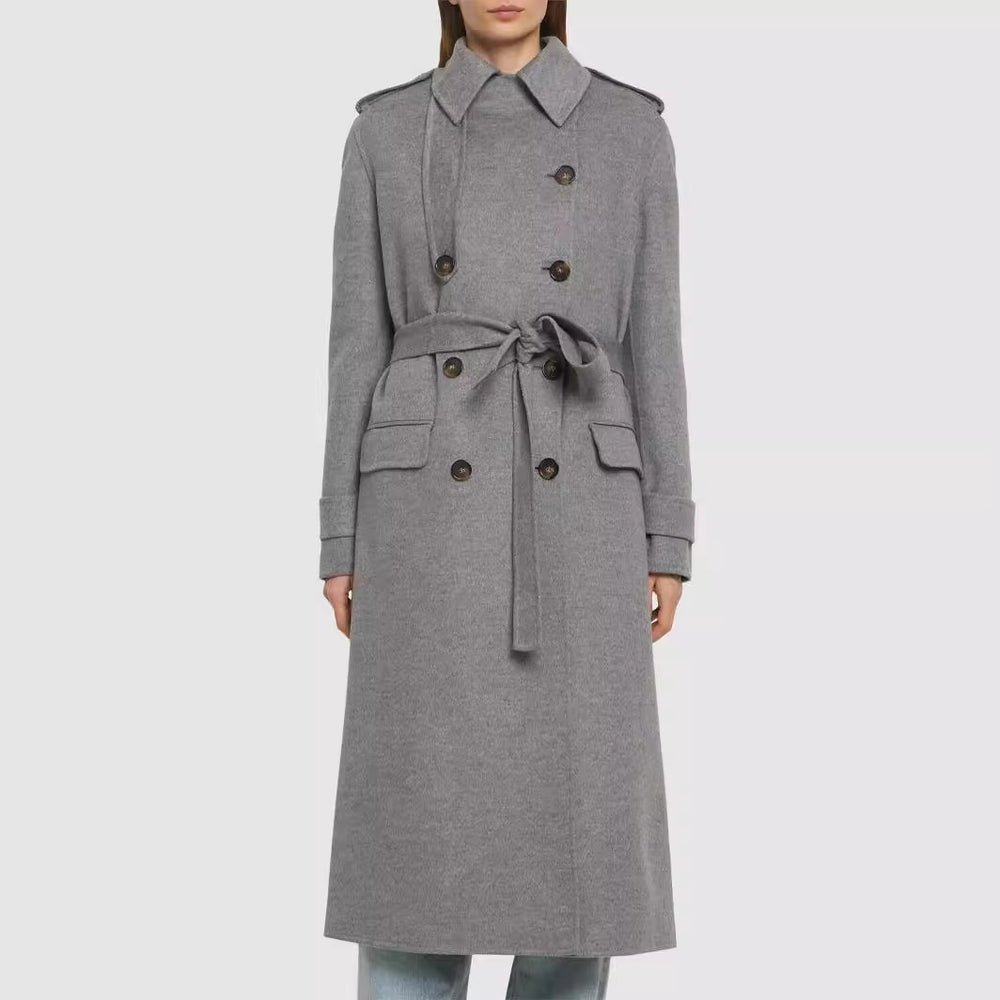 Damen Midilanger Taillierter Doppelreiher‑Trenchcoat aus Wollmix mit ausgestelltem Saum Shop Nory