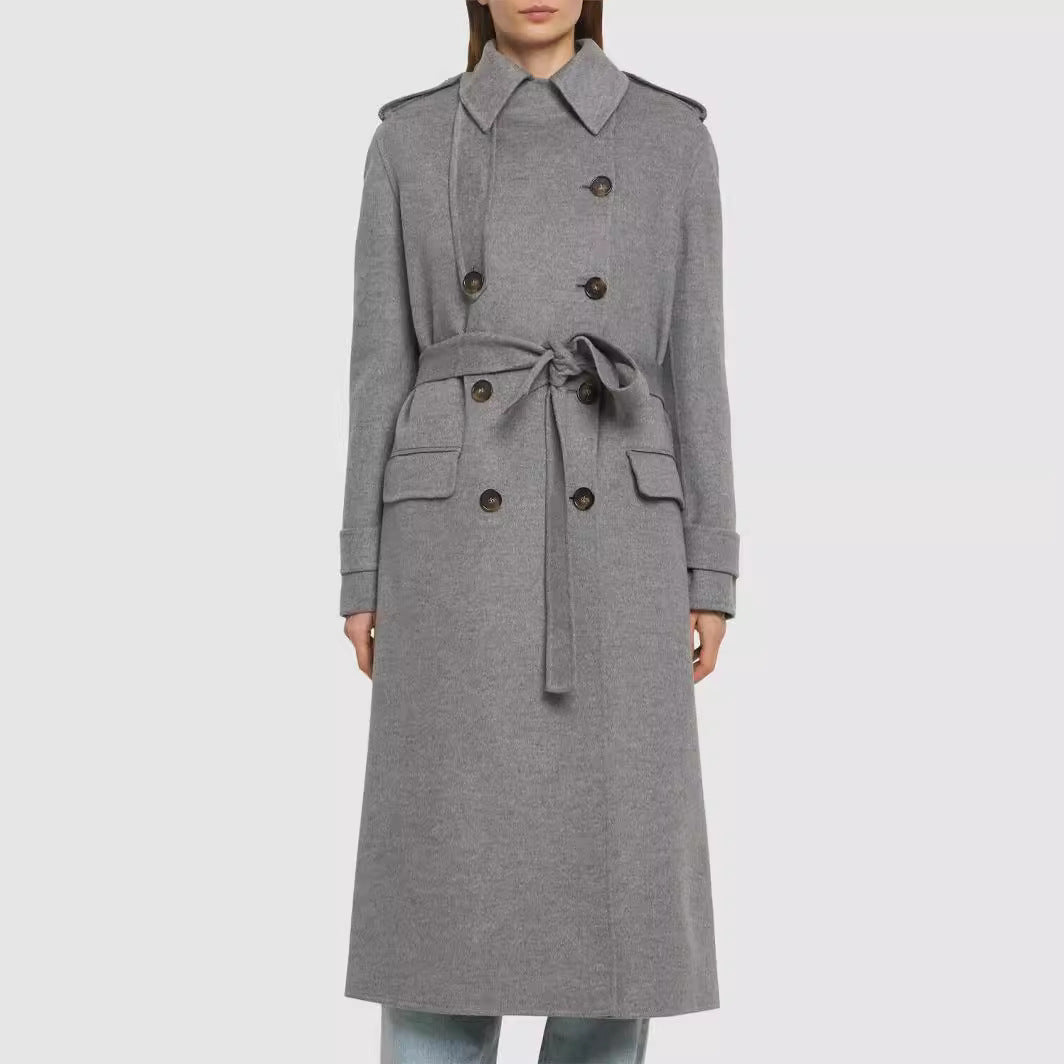 Damen Midilanger Taillierter Doppelreiher‑Trenchcoat aus Wollmix mit ausgestelltem Saum Shop Nory