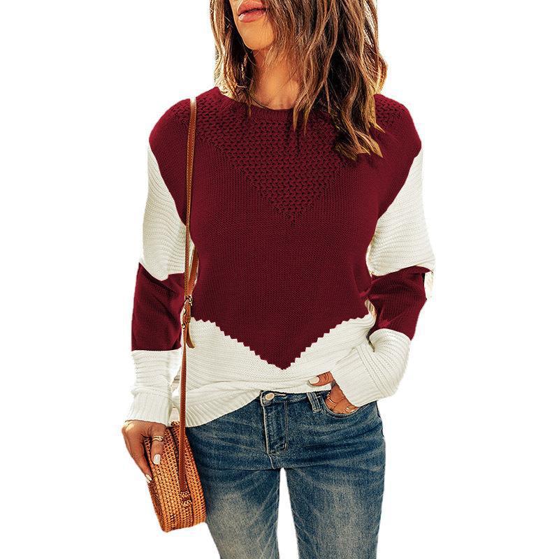 Damen Farbblock-Strickpullover mit strukturiertem Yoke und gerippten Ärmeln Shop Nory