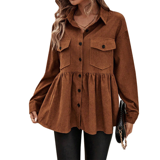 Damen Cord-Peplum-Bluse mit Hemdkragen aufgesetzten Brusttaschen und durchgehender Knopfleiste Shop Nory