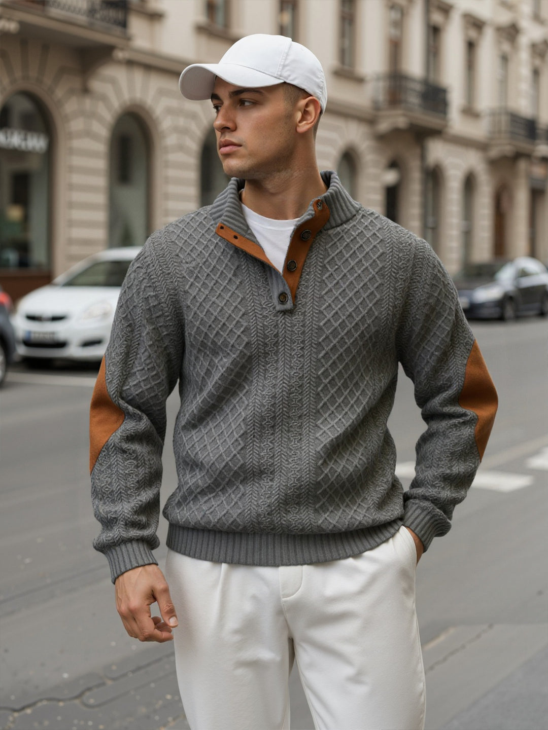 Herren Troyer-Pullover mit Stehkragen, strukturierter Strickoptik und Kontrast-Ellbogenpatches Shop Nory