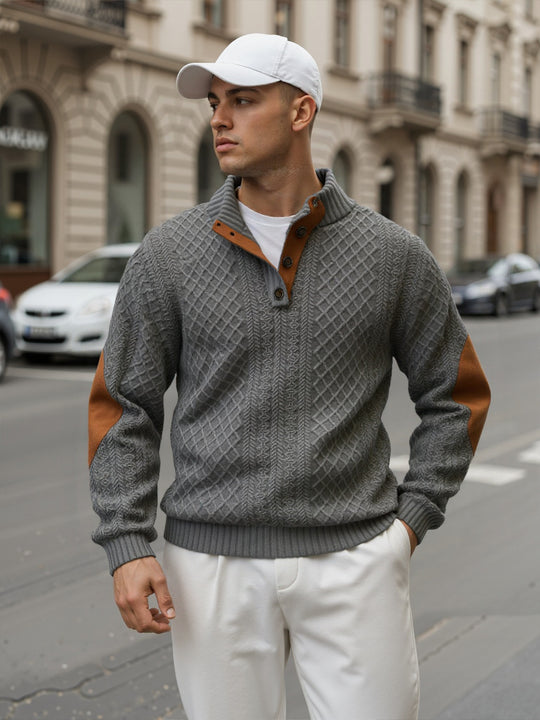 Herren Troyer-Pullover mit Stehkragen, strukturierter Strickoptik und Kontrast-Ellbogenpatches Shop Nory
