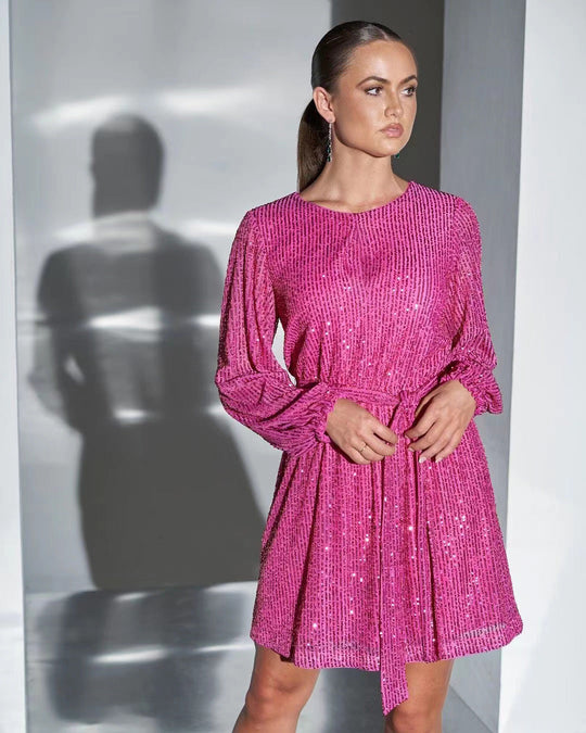 Damen Glamouröses Cocktailkleid mit funkelnden Lurex-Fäden und elastischem Taillengürtel