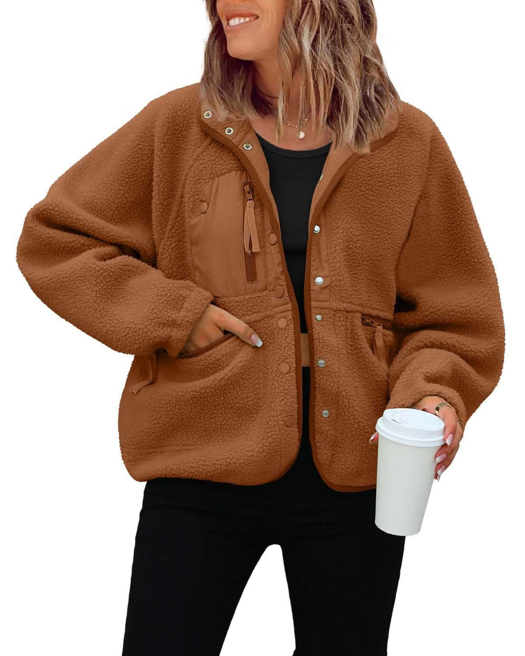 Damen kuschelige Fleecejacke mit praktischen Taschen