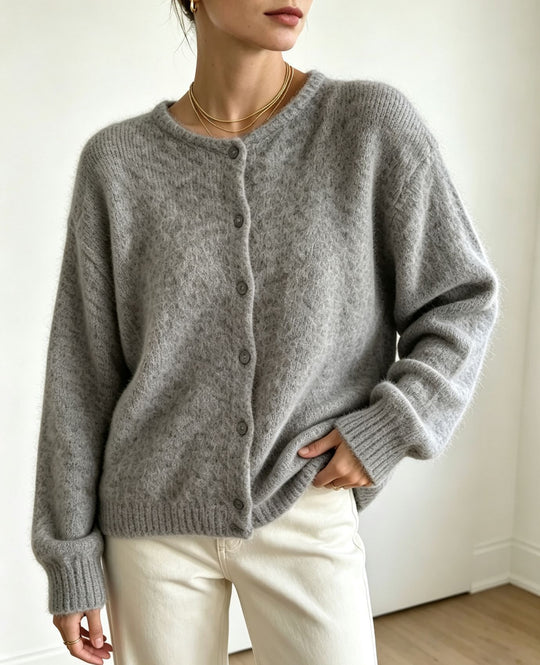 Damen Rundhals-Strickjacke mit weichem Flormix, Knopfverschluss und gerippten Bündchen Shop Nory