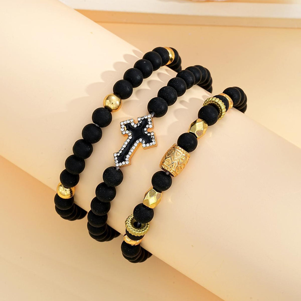 Damen Armband-Set aus matten und glänzenden Perlen mit Kreuz-Anhänger Shop Nory