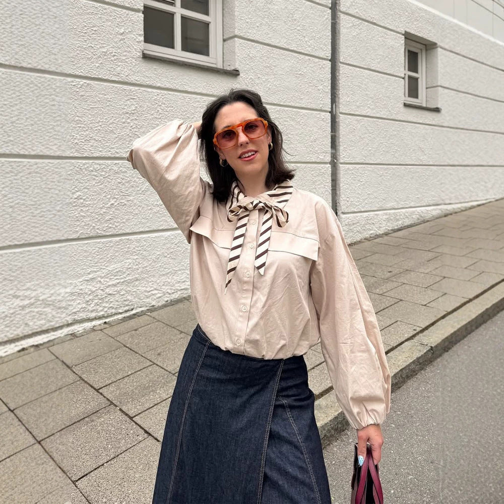 Damen Bluse mit Schleifenkragen, überschnittener Schulterpartie und voluminösen Ballonärmeln Shop Nory