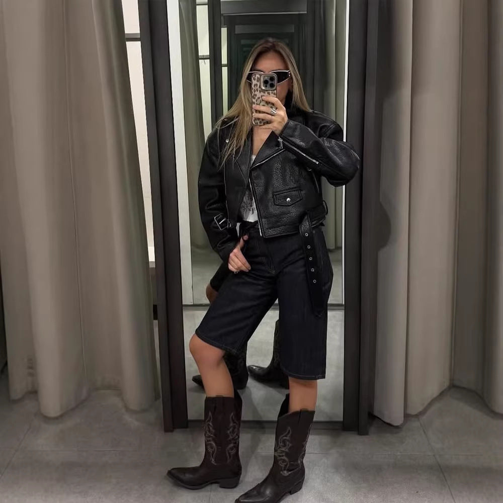 Damen Kurze strukturierte Bikerjacke aus Lederimitat Shop Nory