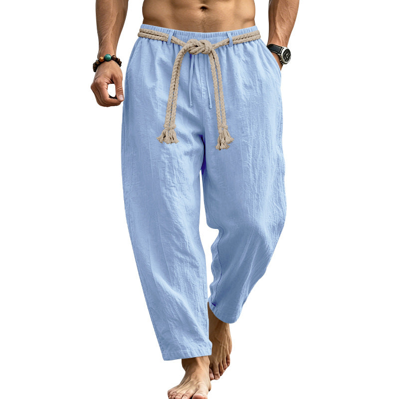 Herren lässige Leinen-Loungehose mit elastischem Bund, dekorativem Seilgürtel und Seitentaschen Shop Nory