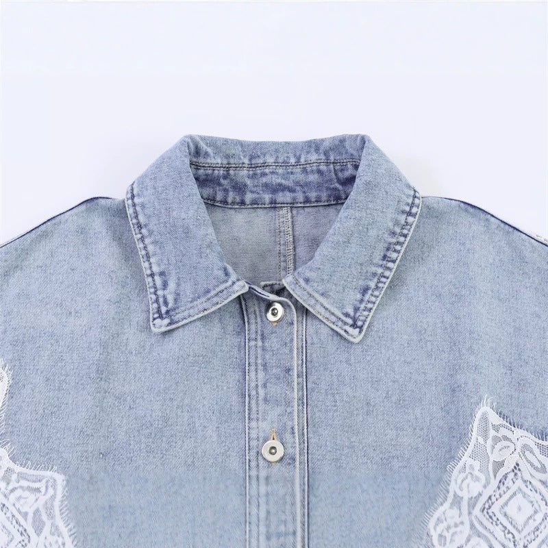 Damen verkürzte Jeansjacke mit Spitzenbesatz und überschnittener Schulter Shop Nory