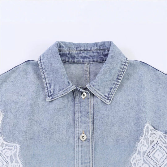 Damen verkürzte Jeansjacke mit Spitzenbesatz und überschnittener Schulter Shop Nory