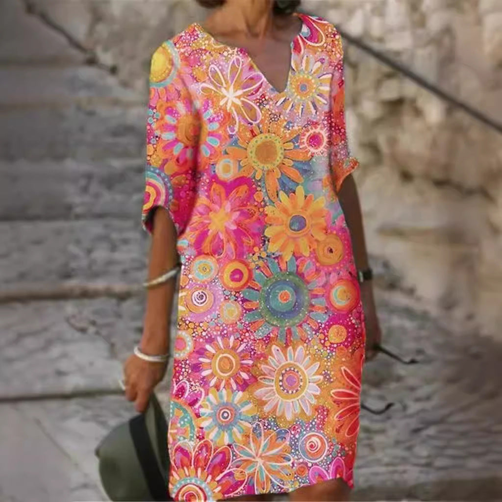 Damen lässiges Freizeitkleid mit floralen Mustern und V-Ausschnitt Shopnory