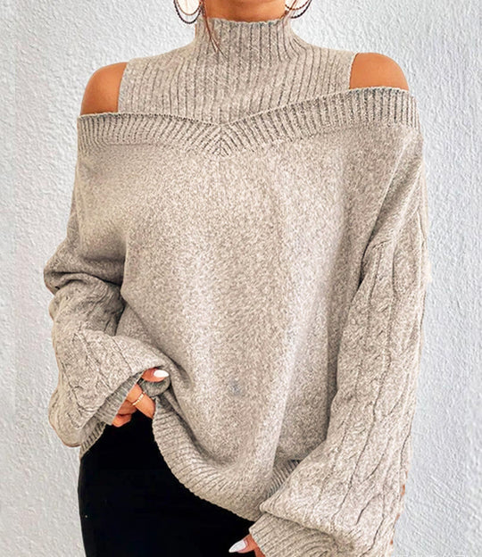Damen nan schulterfreier Strickpullover mit Stehkragen und Zopfmusterärmeln Shop Nory
