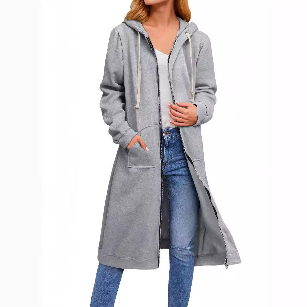 Damen Langer Kapuzen-Sweatmantel mit Zwei-Wege-Reißverschluss und Kängurutaschen Shop Nory