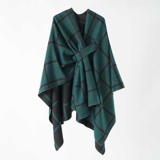 Damen Oversize Poncho aus Feinstrick mit Taillengürtel und Karomuster Shop Nory