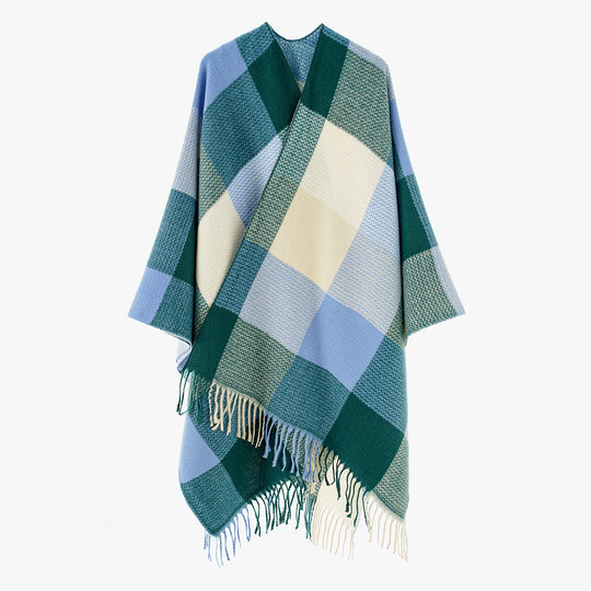 Damen Weichfallender Oversize-Poncho im Plaid-Webmuster mit V-Kragen und Fransensaum Shop Nory