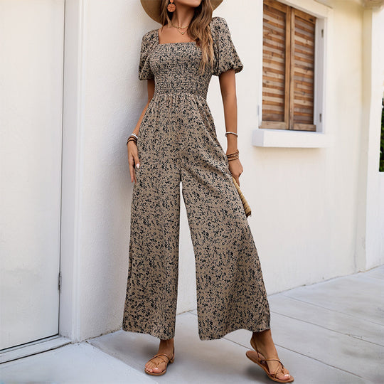 Damen Floraler Smocked-Jumpsuit mit Karree-Ausschnitt, Puffärmeln und weitem Beinschnitt Shop Nory