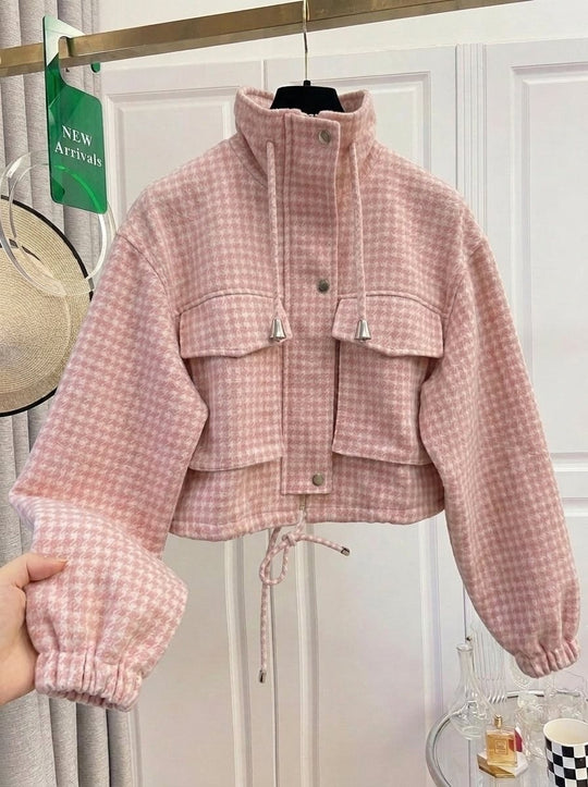 Damen Karo-Cropped-Jacke mit Stehkragen, Tunnelzug und elastischen Bündchen Shop Nory