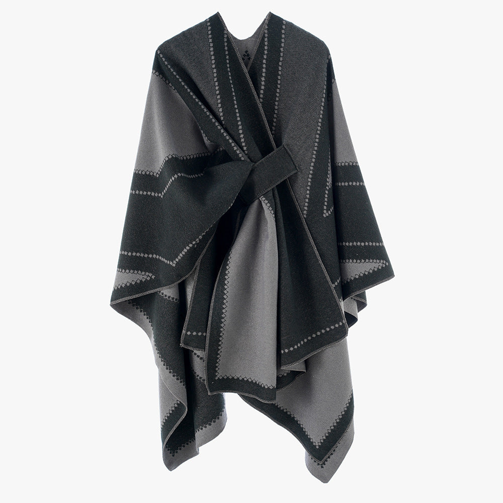 Damen Reversibler Wollmix-Poncho mit grafischem Jacquardmuster und Taillengürtel Shop Nory