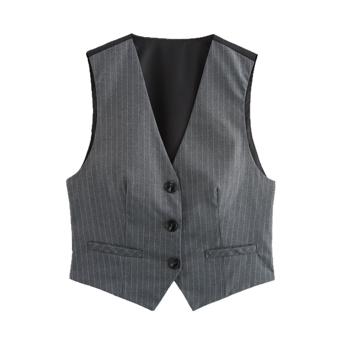 Damen Taillierte Nadelstreifen-Weste mit Reversloser Silhouette und Leistentaschen Shop Nory