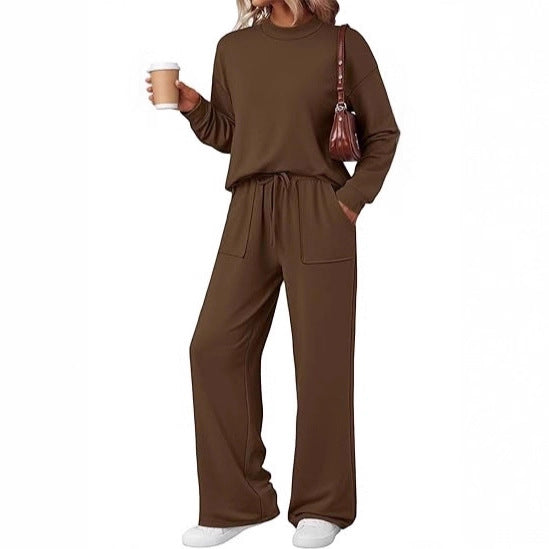 Damen Loungewear-Zweiteiler aus weichem Jersey mit Rundhalsausschnitt und weitem Kordelzug-Hose Shop Nory