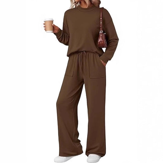 Damen Loungewear-Zweiteiler aus weichem Jersey mit Rundhalsausschnitt und weitem Kordelzug-Hose Shop Nory
